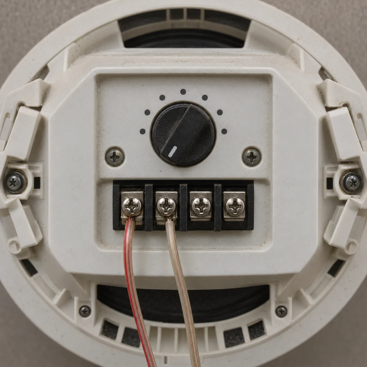 スピーカー裏面の表示。100V・3W などのワット数タップ表示