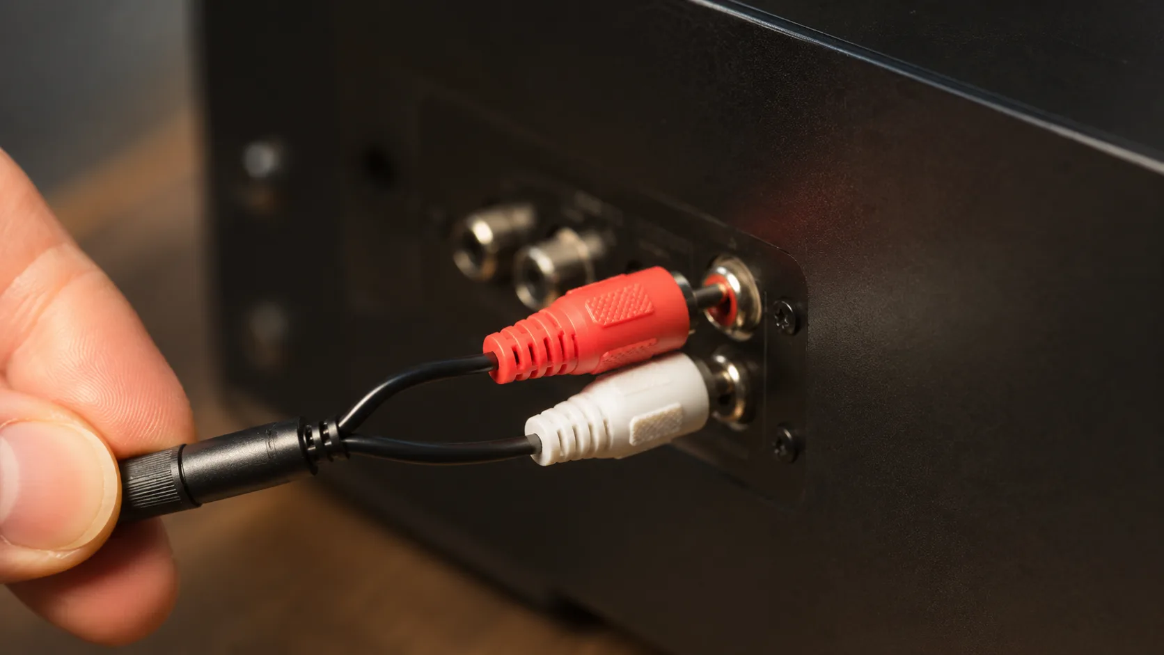 3.5mmからRCA(赤白)に変換してアンプに挿しているところ