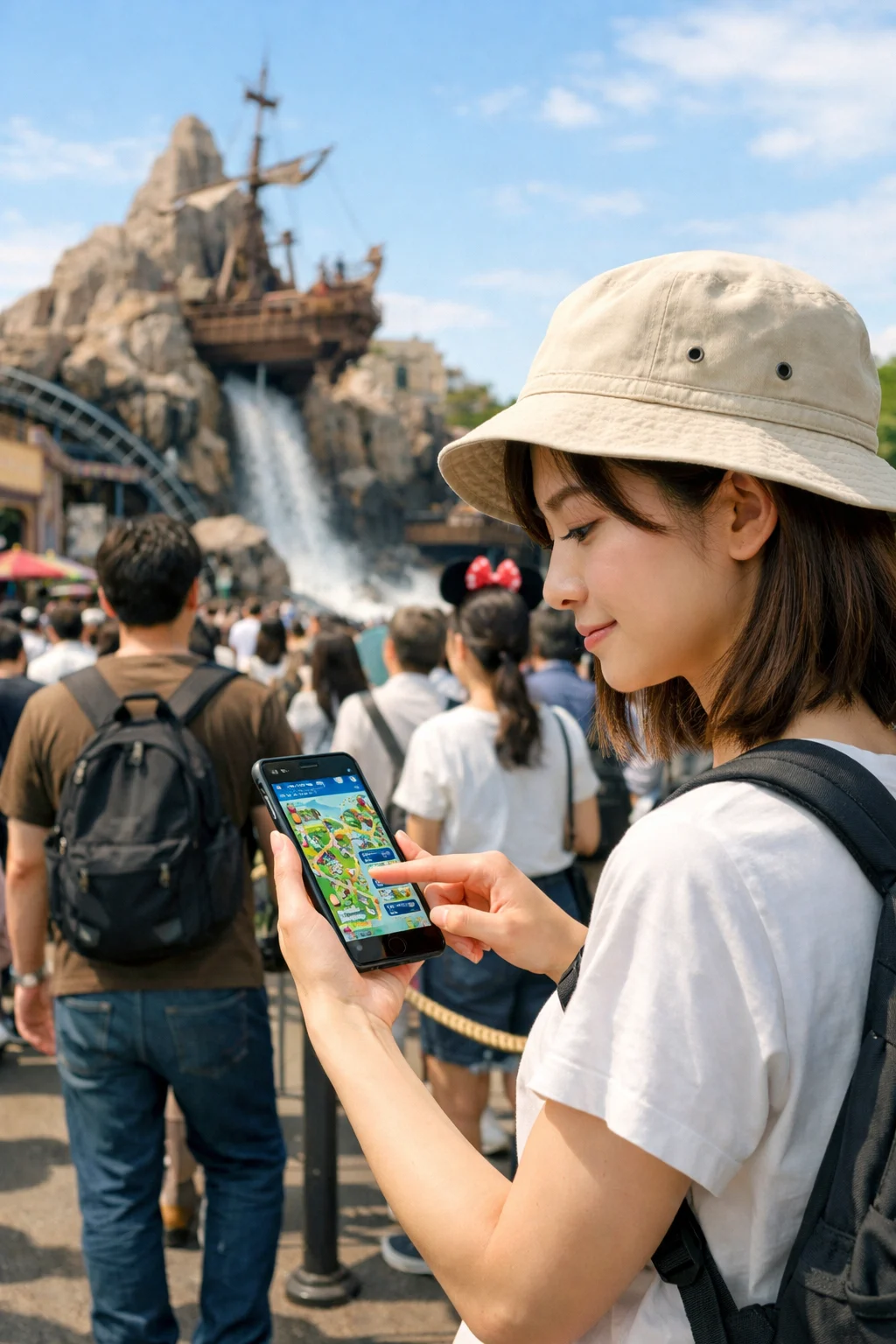In-text image 1 (image of a visitor checking wait times on the official app)