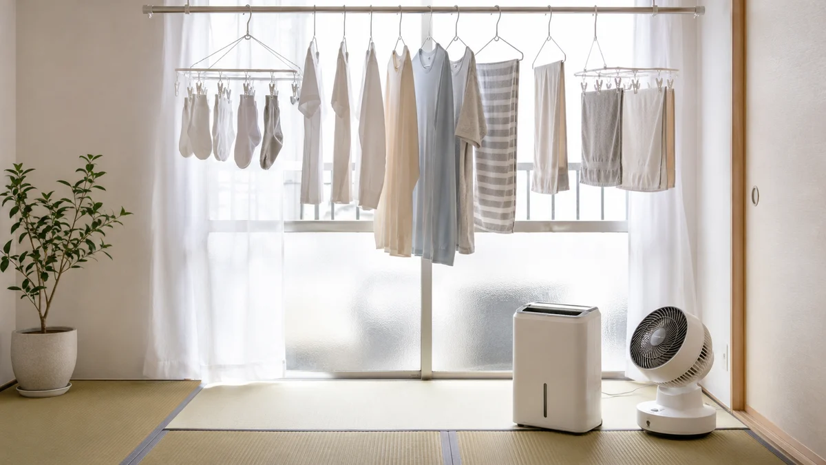 In-text image 2 (image of drying laundry indoors with a dehumidifier and a circulator)
