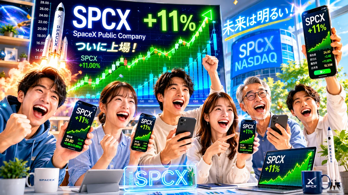 In-text image 2 (an image of an individual investor delighted by the rising stock price and the SPCX price chart shown on a smartphone)