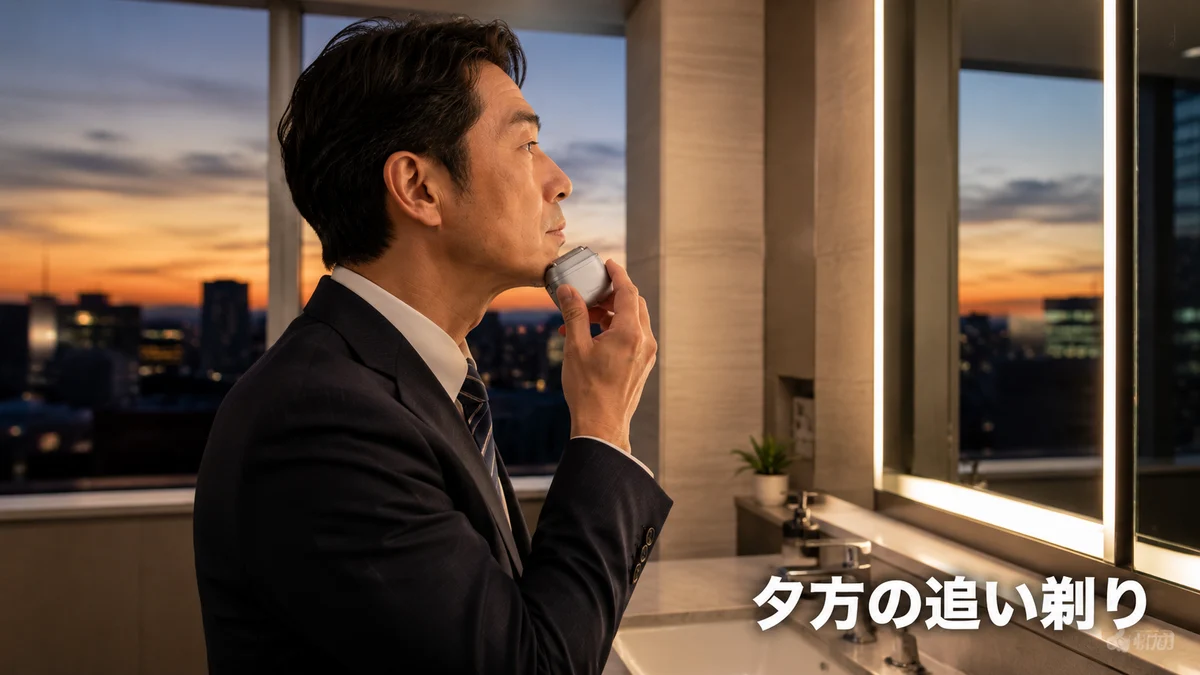 文中画像2(夕方のオフィスで身だしなみを整える40代男性の画像)