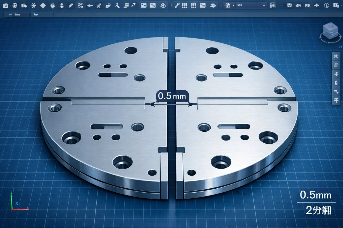 文中画像1（Fusion 360の画面で大きな円形治具を中央で左右2分割し0.5mmのクリアランスを設定している画像）