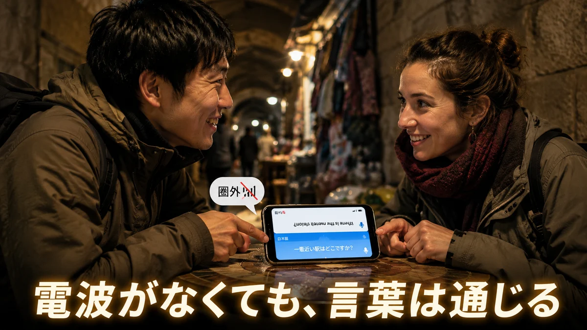 文中画像2（海外の地下街や圏外の場所で、オフライン翻訳アプリを使って外国人と会話している様子の画像）