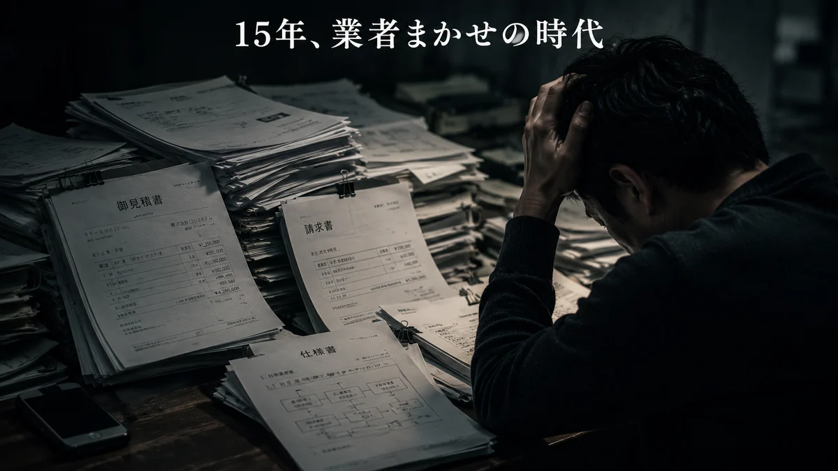 文中画像1（15年間、業者に依頼して開発に失敗し続けた過去を象徴する、書類と請求書に埋もれた手元の画像）