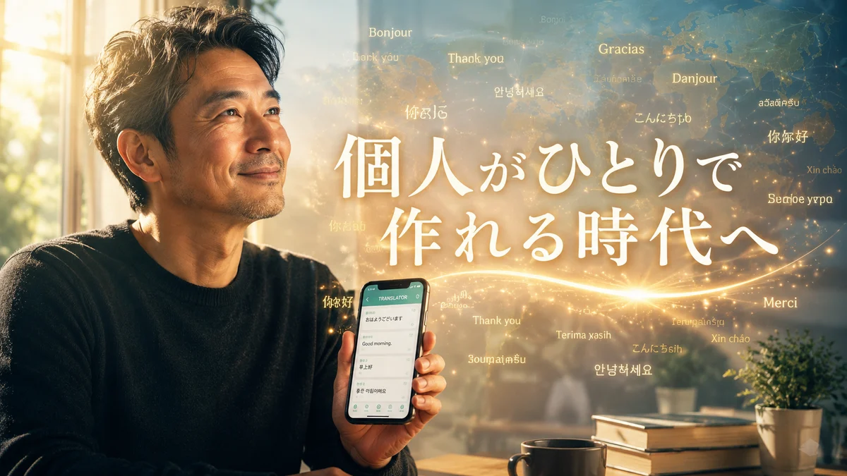 文中画像3（個人がスマホの中でAIを動かし、ひとりでものづくりができる新しい時代を象徴する明るい画像）