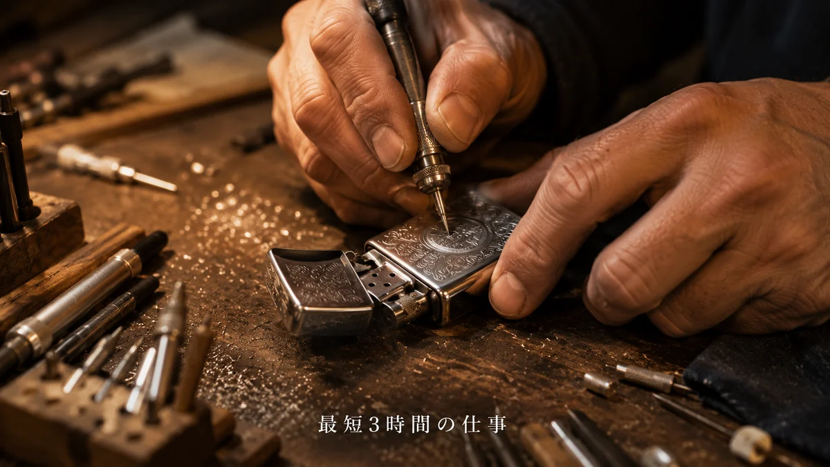 Image 1 (A close-up of a craftsman's hands engraving and finishing a Zippo lighter)