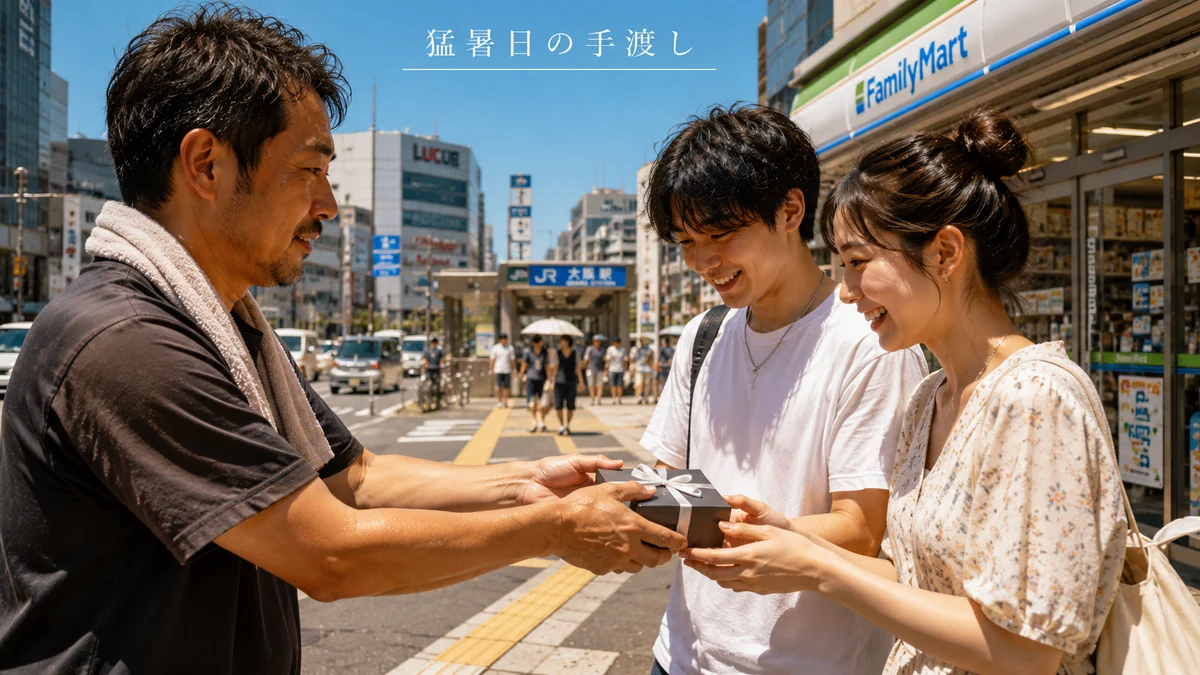 Image 2 (Handing a Zippo to a young couple in front of a convenience store by the station on a sweltering day)