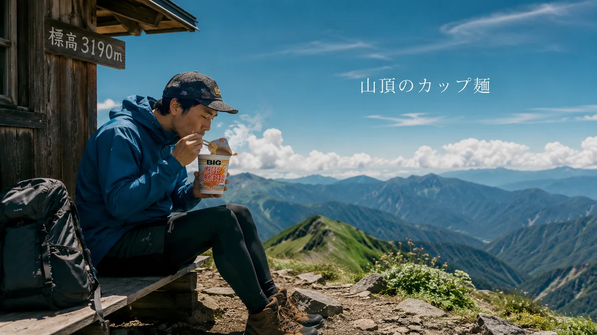 Image 2 (A hiker eating puffed-up cup noodles at the hut on the summit)
