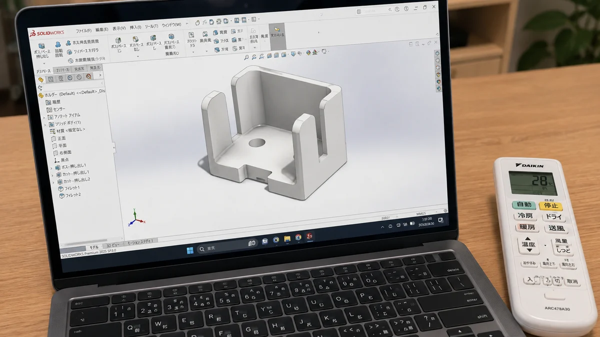 文中画像2(Fusion 360の画面でリモコンホルダーを3Dモデリングしている画像)