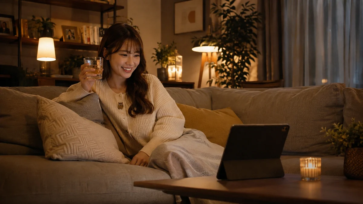 文中画像3(自宅のリビングでお酒を飲みながらスマホでオンラインの誰かとつながっている画像)