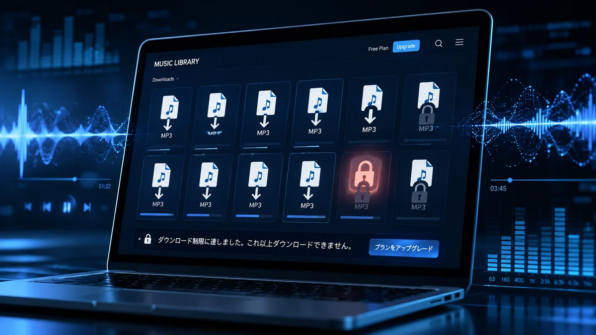 文中画像1(PCの前でダウンロードボタンに制限のロックがかかっている様子を表した画像)