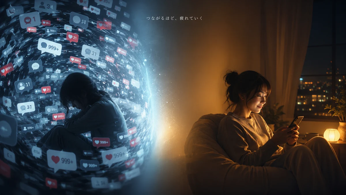 Image 1 (A contrast between a person worn out and surrounded by social media notifications, and a quiet place away from it all)