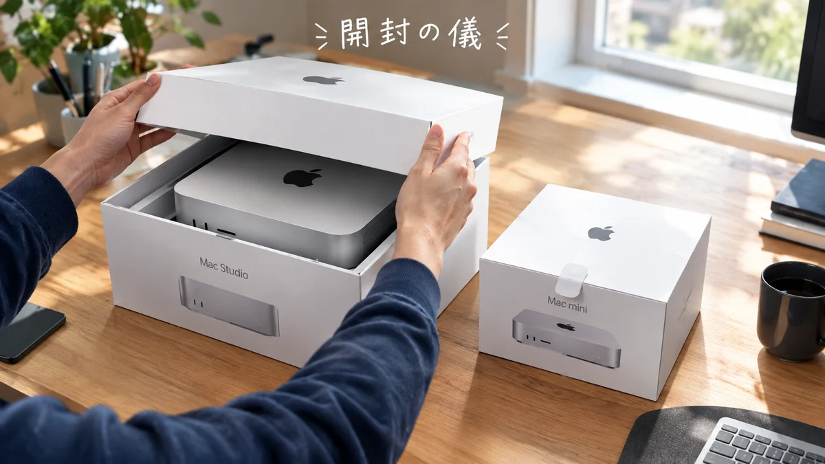 文中画像1(Mac StudioとMac miniの白い箱が机に置かれ、手で大きい方の箱のフタを開けている開封の画像)