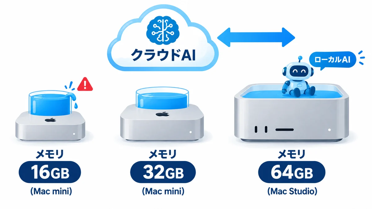 文中画像2(16GB・32GB・64GBのメモリを液体の量で表した3台のMacと、上空のクラウドAIを矢印で結んだ図解イラスト)