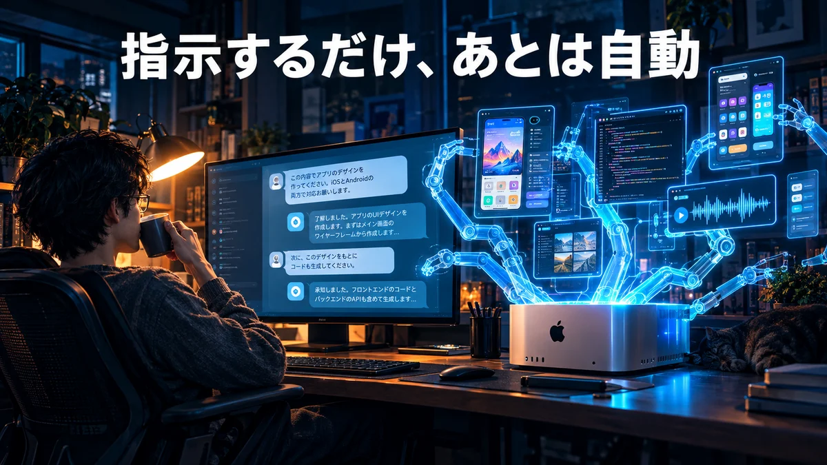 文中画像3(夜の部屋で男性がWindowsの画面からMacに指示を出し、Macから伸びた青いAIの腕がアプリ画面やコードを組み立てているイラスト)