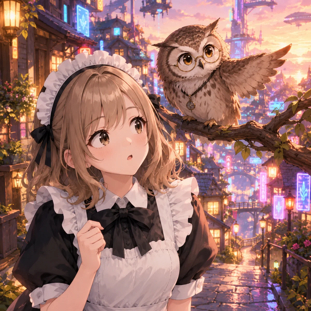 文中画像1(案内係のフクロウ・ホウが、目を覚ましたばかりのあおいに電脳街を案内している画像)