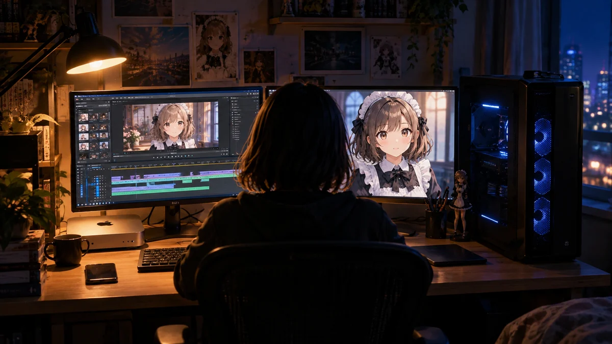 文中画像3(自宅の机に置かれたMacとWindowsパソコンの2台で、ひとりでアニメを編集している制作風景の画像)