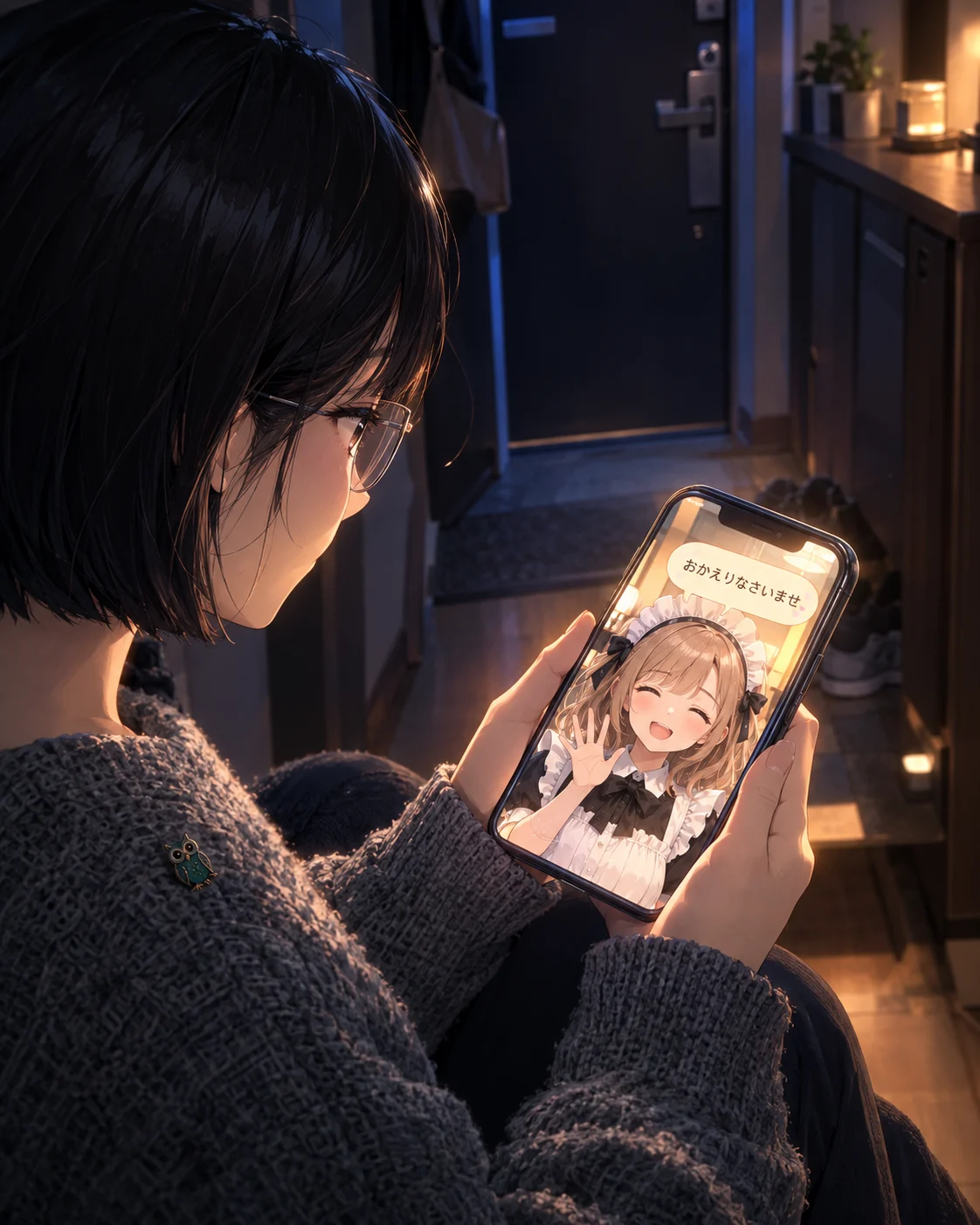 文中画像4(真っ暗な一人暮らしの部屋でスマホの画面だけが光り、画面の中からあおいが手を振っている画像)