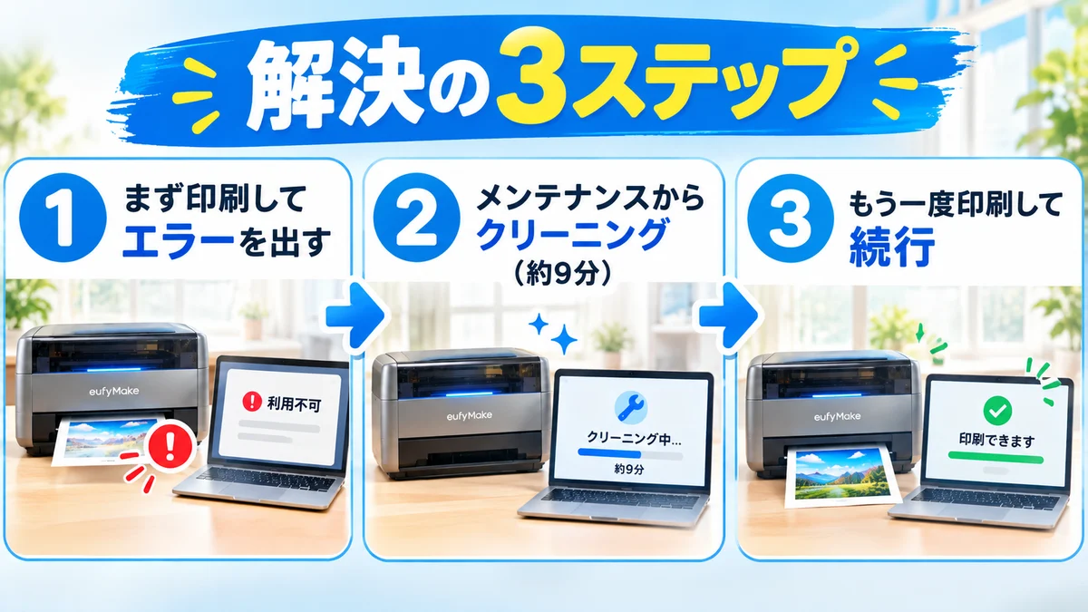 文中画像3（解決手順を「印刷でエラー→クリーニング→再印刷」の3ステップで示した図解画像）