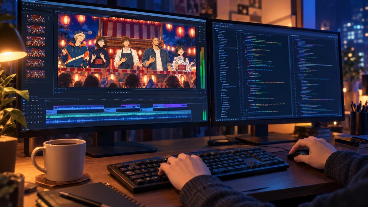 文中画像2（夜のデスクで、パソコンの画面にアニメのキャラクターが映り、GPU の待ち時間に別の作業をしている画像）